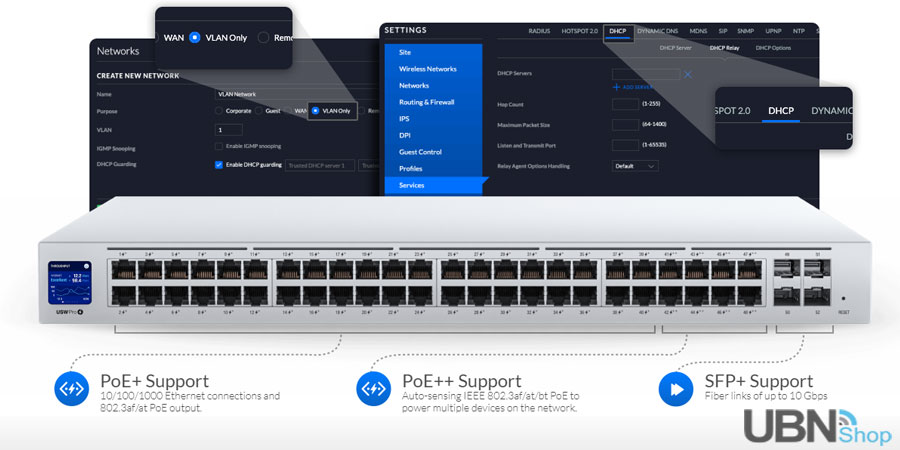 Powerful Hardware and Software - UniFi Switches offer a variety of features, including 10G SFP+ ports, PoE+ or PoE++ support, and Layer 3* switching capabilities.* Available in a future software release.