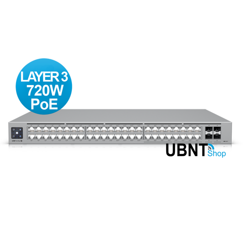 Ubiquiti UniFi Network, Switch, 48-Port, POE 720W, (16) 2.5 GbE ports, 8 PoE+, 8 PoE++, (4) 10G SFP+ Ports, Layer3, Rack Mount